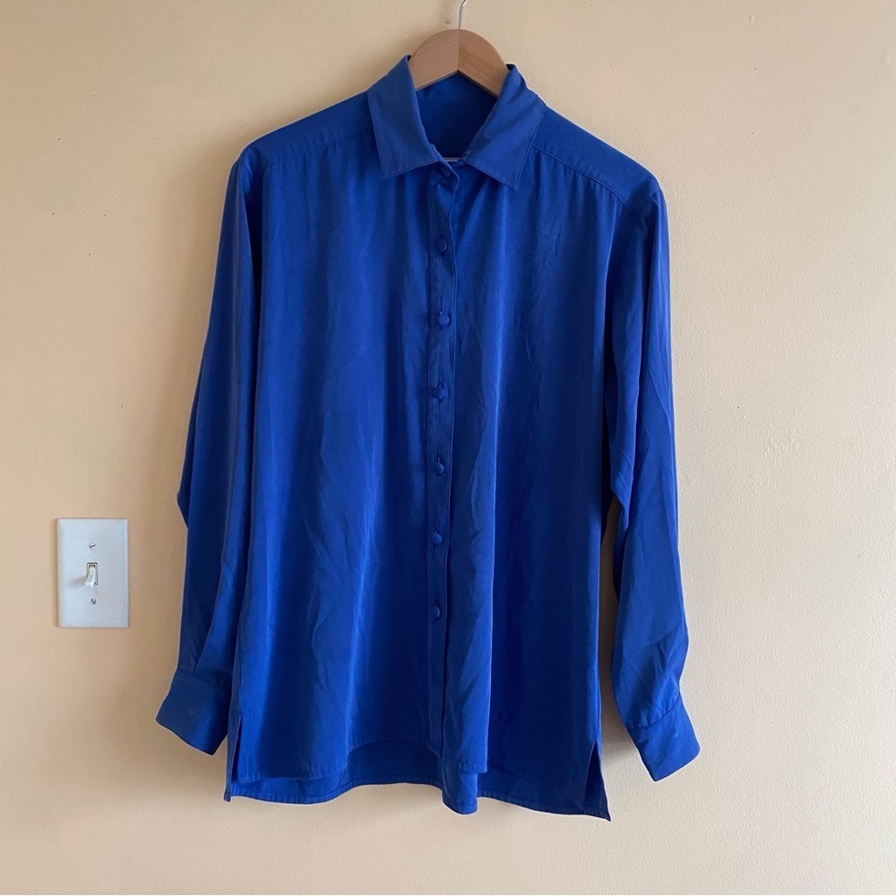 Vintage Tilley Silks Microfibre Button Down Blouse Woman Medium Blue Dopamine - Picture 2 of 14